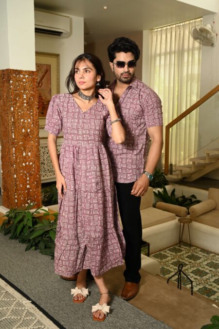 Couple Matching Mauve Cotton Anarkali Midi Dress and Shirt Set ? Abstract Line Print